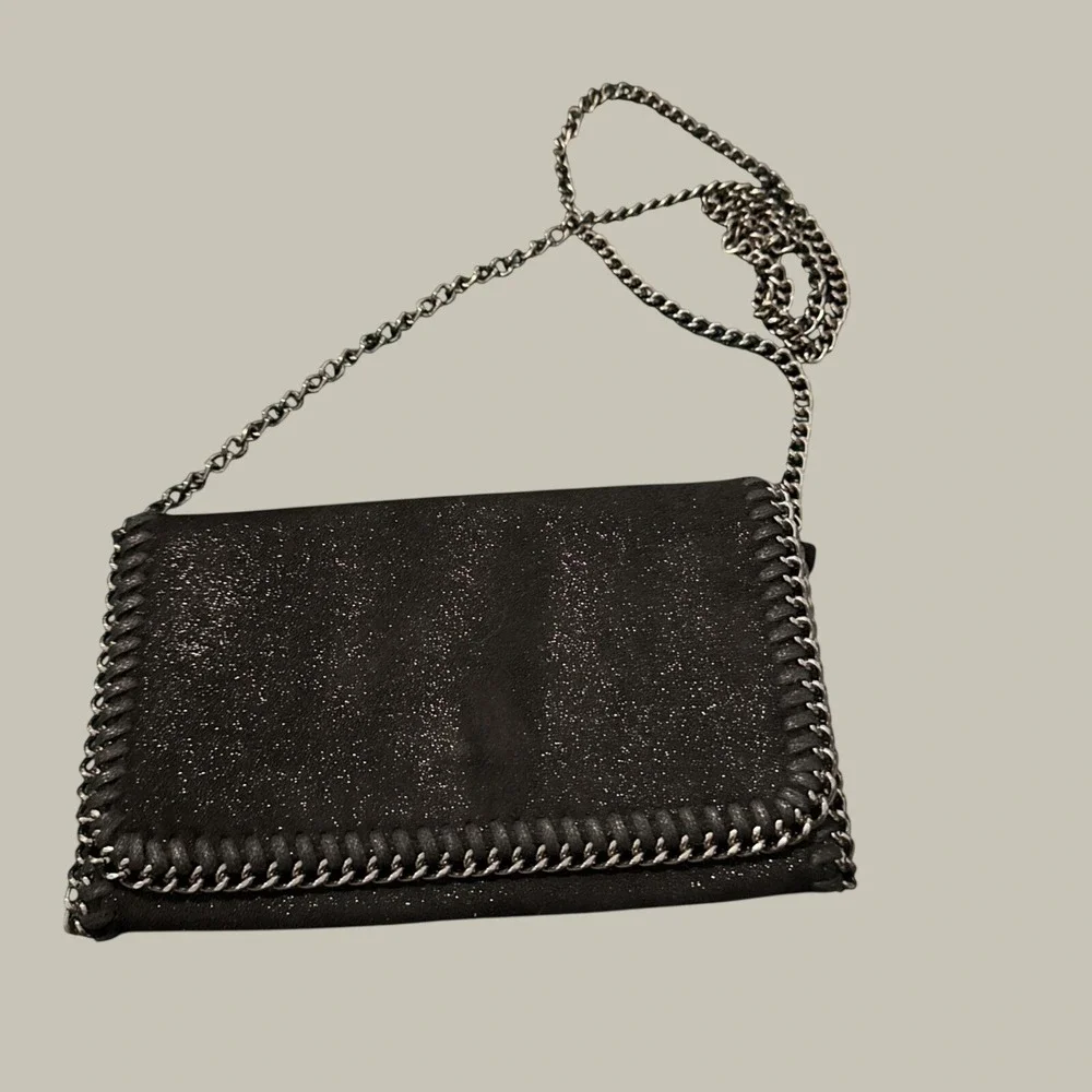 Black Shimmer Whipstitch Chain Crossbody Bag Silver Hardware Evening‎ Clutch